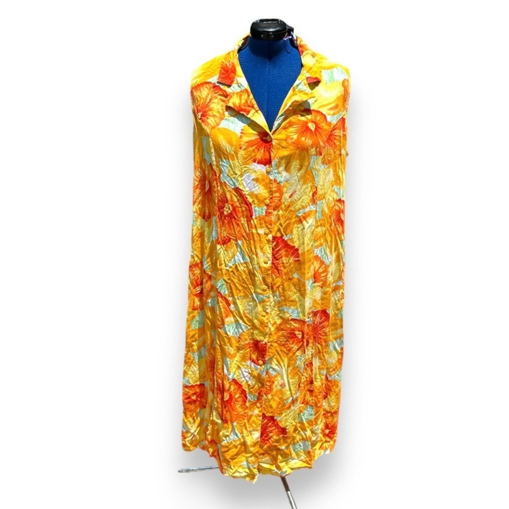 Vintage 90s Orange Floral Tropical Sleeveless Collared Midi Dress Plus Size 22W